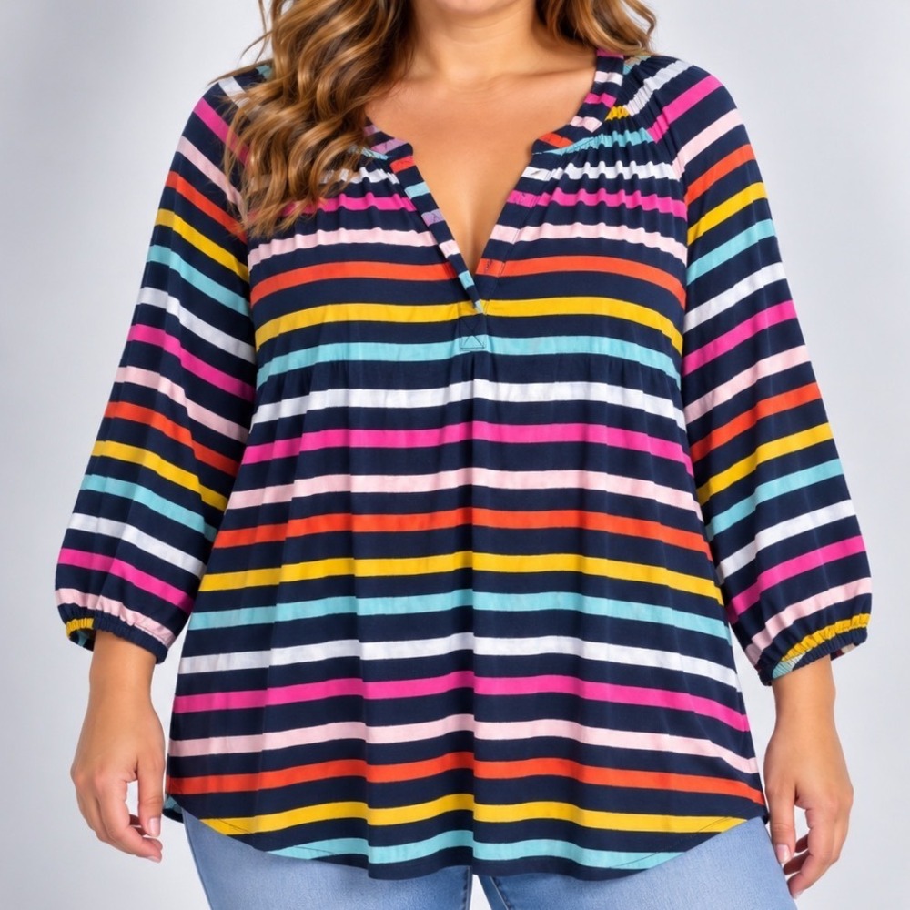 Colorful Striped Tunic Top XL Rayon Navy Rainbow Babydoll Peasant Blouse